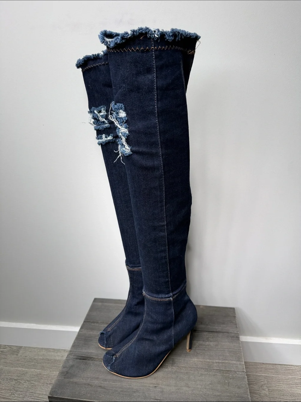 Shoe Dazzle Dark Blue Denim Over-the-Knee Peep-Toe Boots